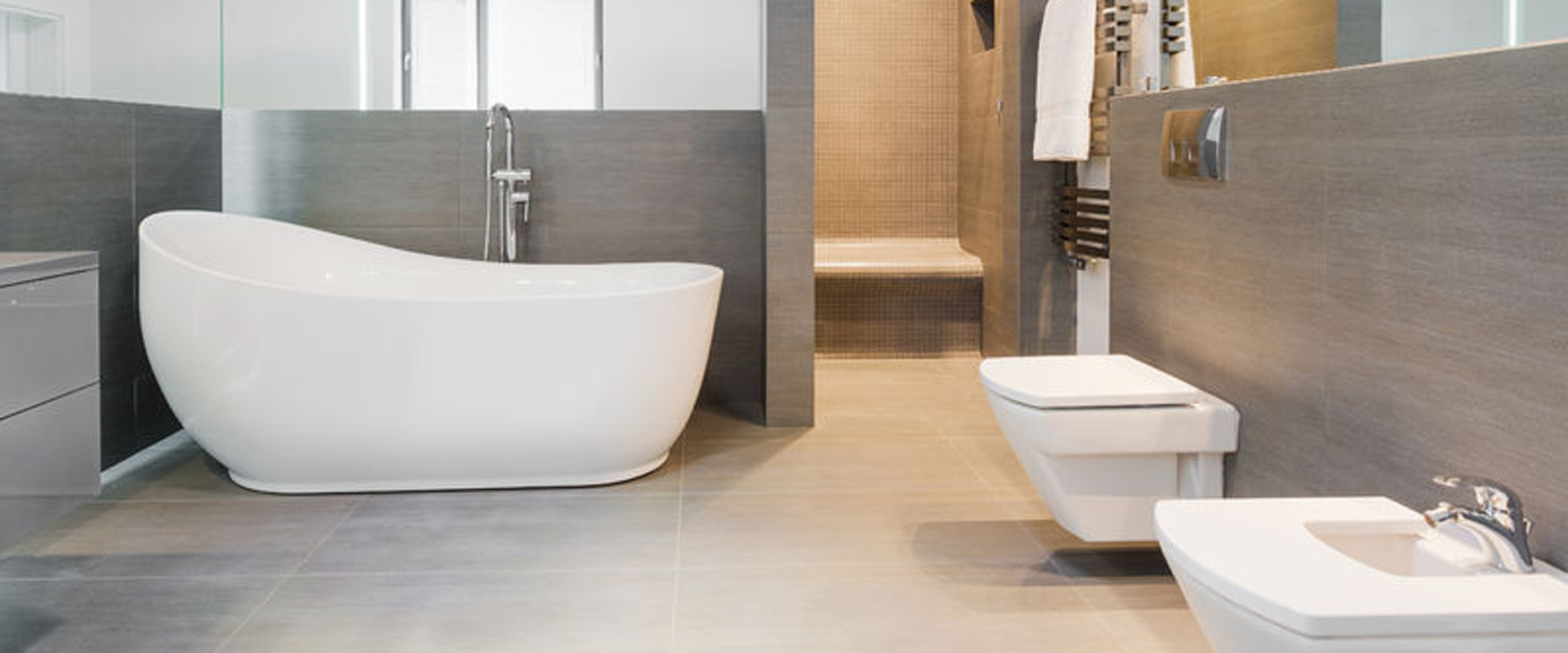 41889875 - designed freestanding bath in gray modern bathroom